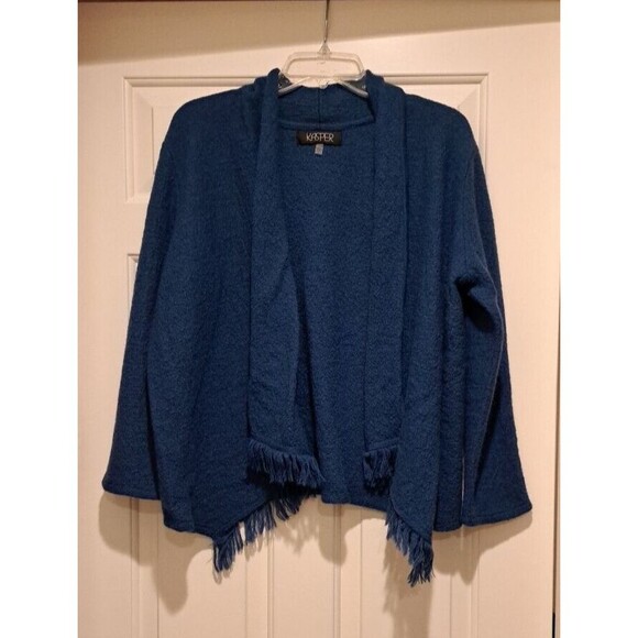 Kasper Boiled Wool Cardigan Jacket Blue Fringe Drape Open Front Size L - Picture 1 of 11